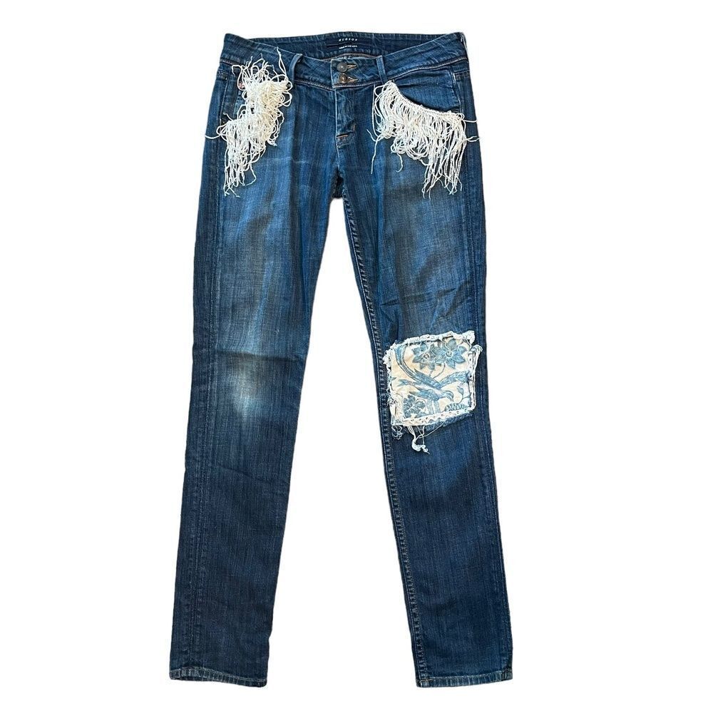 Hudson Womens Collin Skinny Stretch Jeans Blue Fringe Patches Y2K Low Rise 28